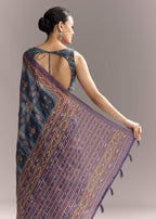 Blue Linen Saree With Hand Block Ajrakh Print And Lavender Border
