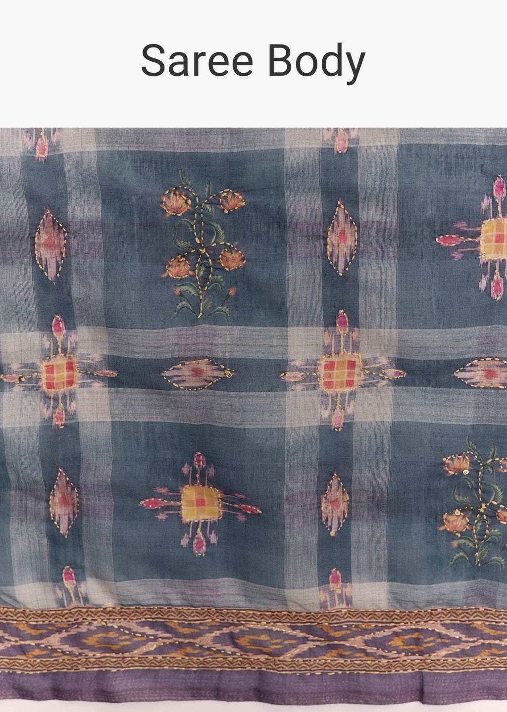 Blue Linen Saree With Hand Block Ajrakh Print And Lavender Border