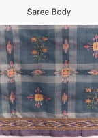 Blue Linen Saree With Hand Block Ajrakh Print And Lavender Border