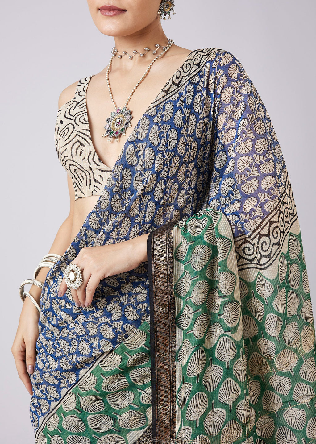 Blue Printed Tassel Border Saree with Unstitched Blouse