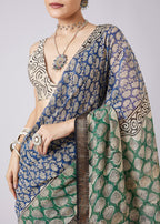 Blue Printed Tassel Border Saree with Unstitched Blouse