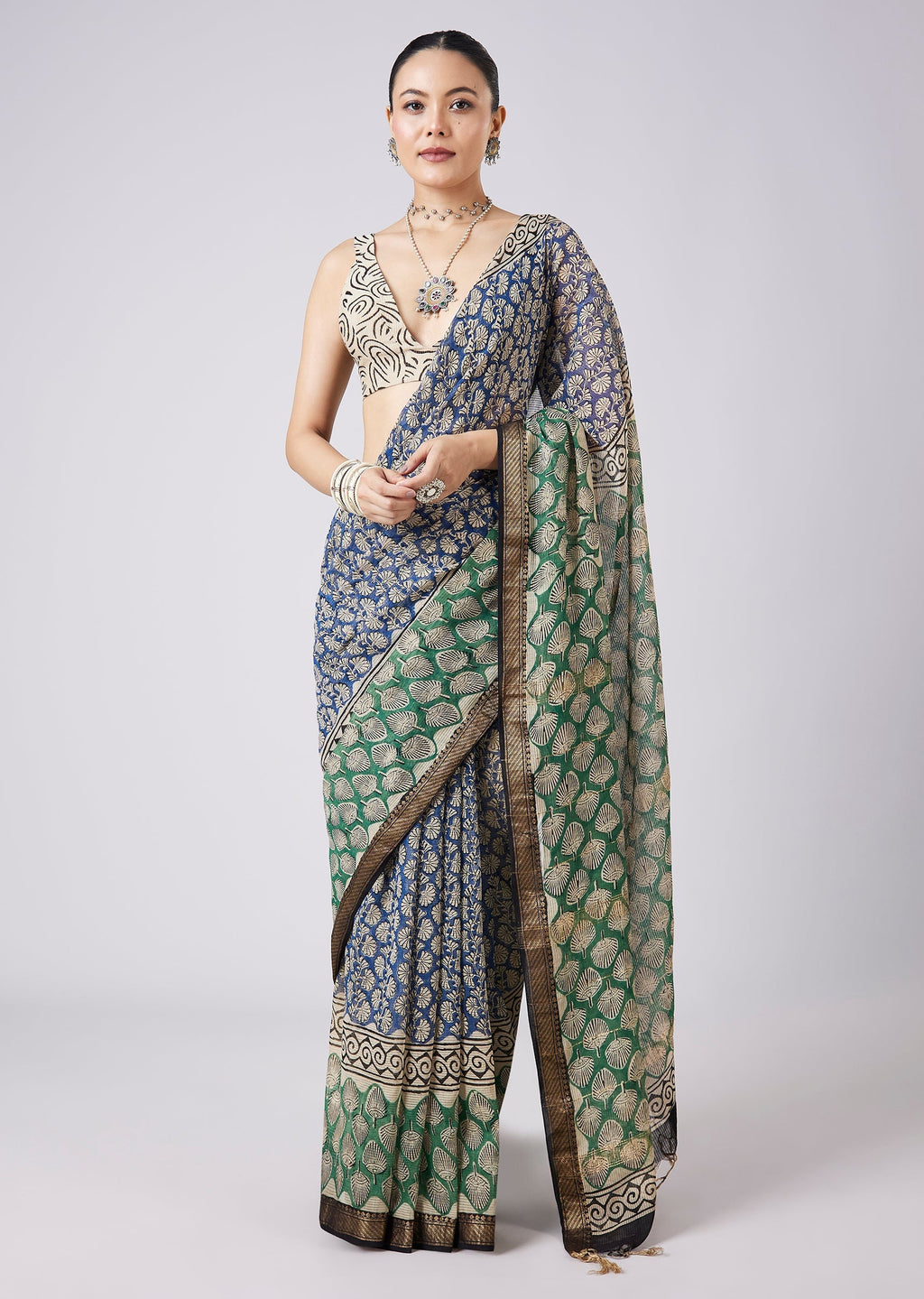 Blue Printed Tassel Border Saree with Unstitched Blouse