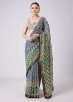 Blue Printed Tassel Border Saree with Unstitched Blouse