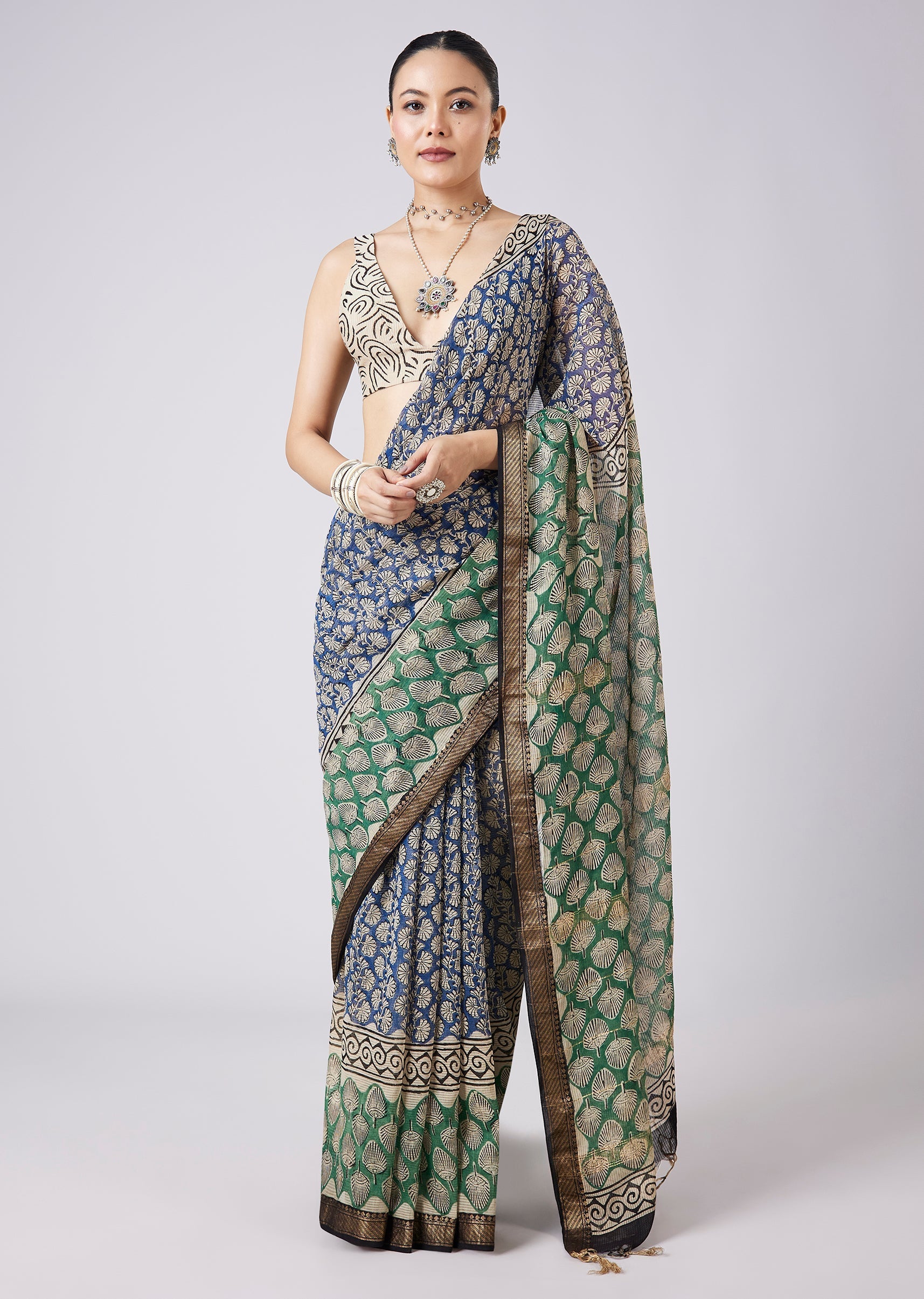 Blue Printed Tassel Border Saree with Unstitched Blouse