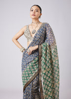 Blue Printed Tassel Border Saree with Unstitched Blouse