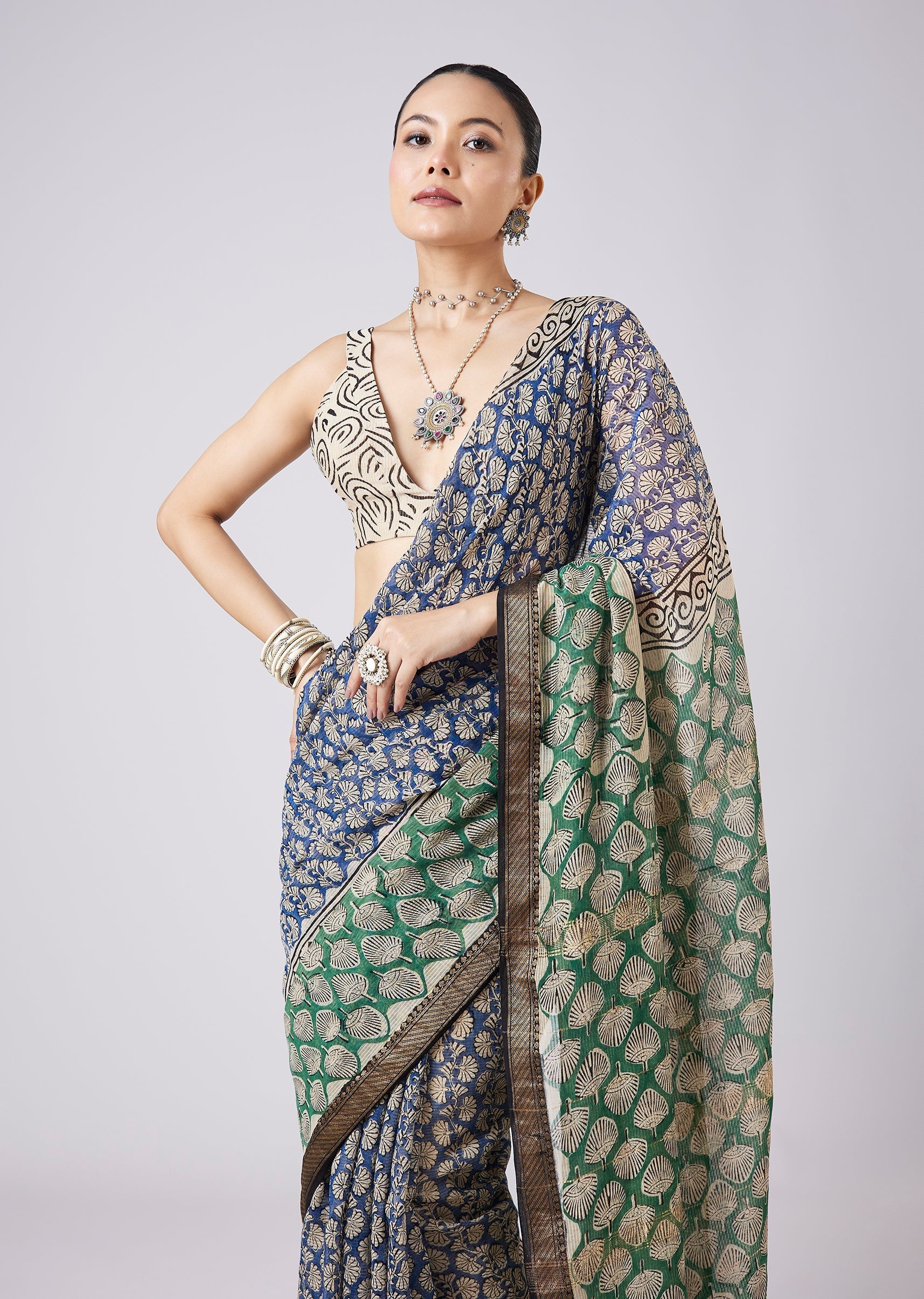 Blue Printed Tassel Border Saree with Unstitched Blouse