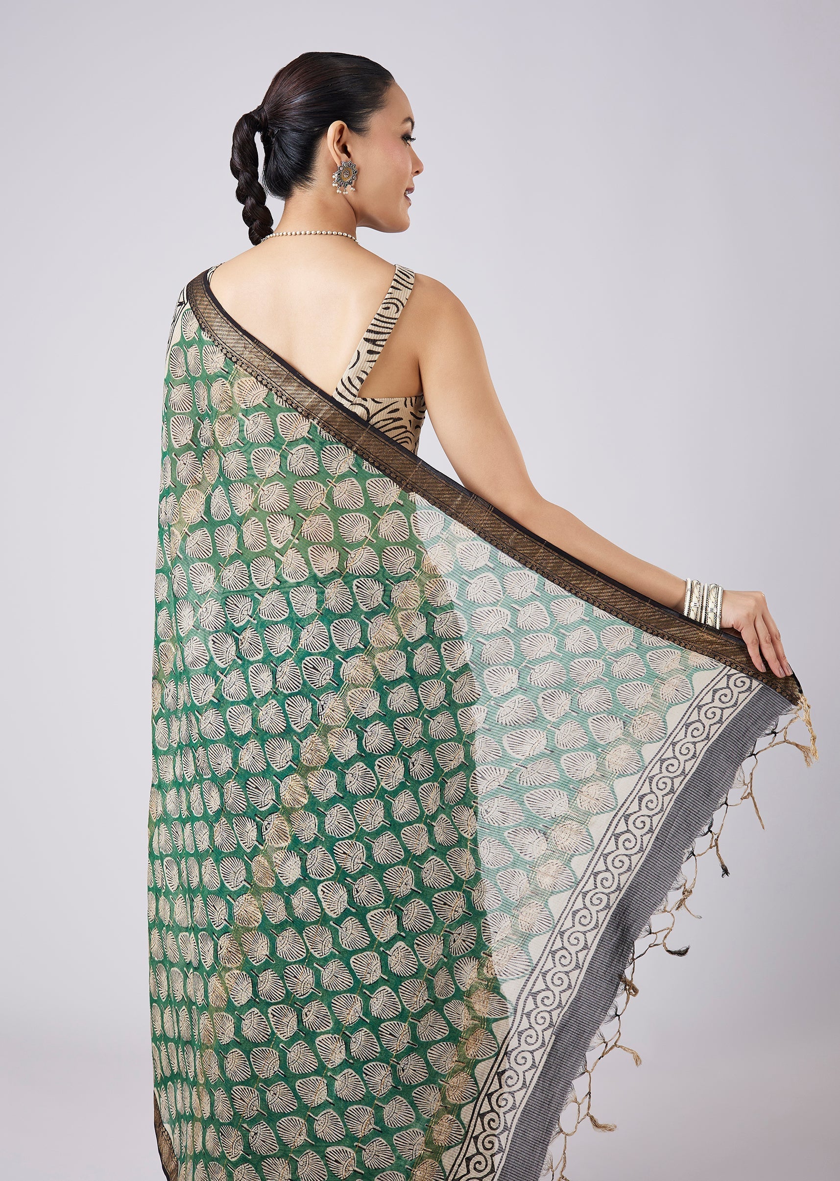 Blue Printed Tassel Border Saree with Unstitched Blouse
