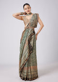 Blue Saree with Block Print Motifs and Unstitched Blouse