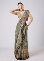 Blue Saree with Block Print Motifs and Unstitched Blouse