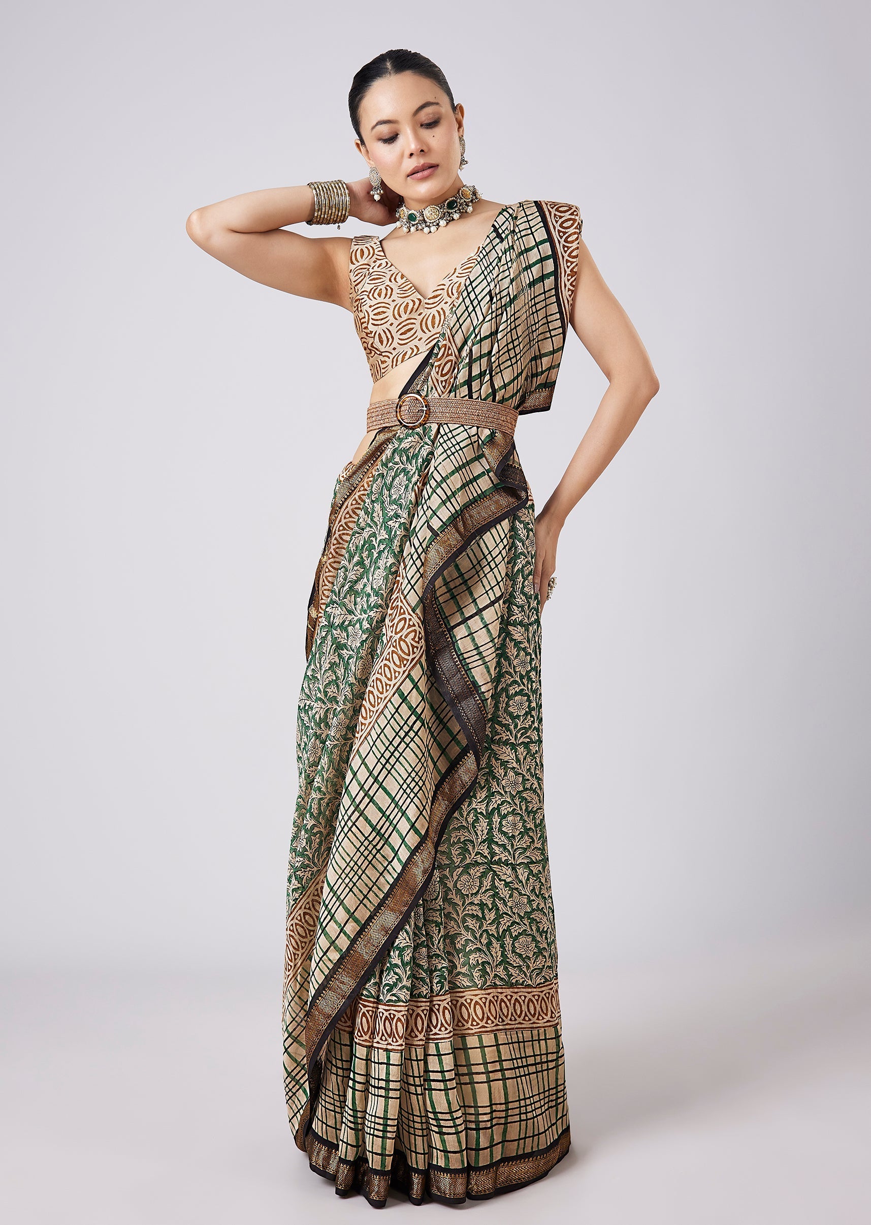 Blue Saree with Block Print Motifs and Unstitched Blouse