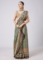 Blue Saree with Block Print Motifs and Unstitched Blouse