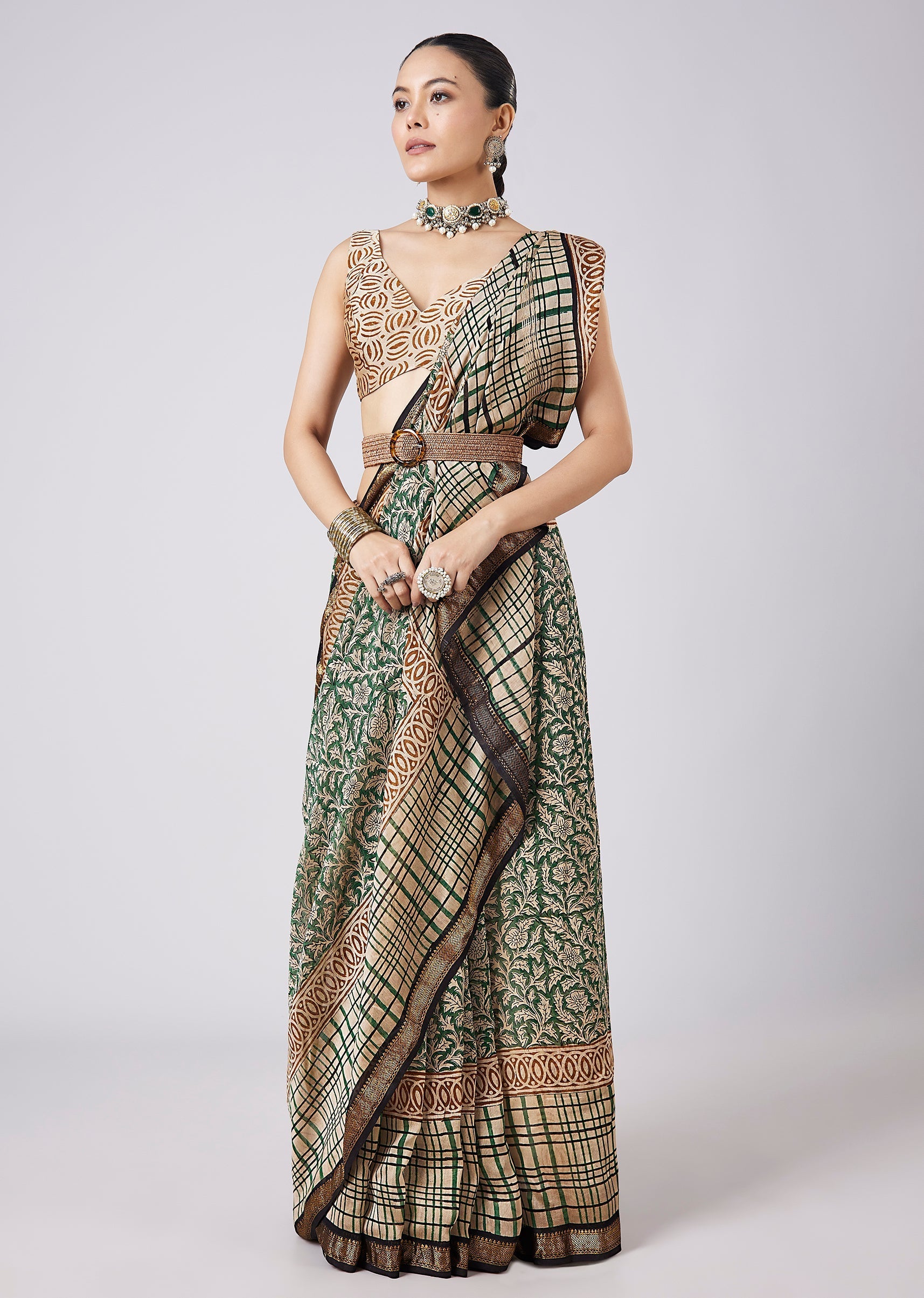 Blue Saree with Block Print Motifs and Unstitched Blouse