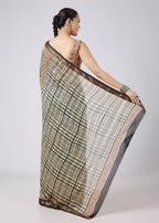 Blue Saree with Block Print Motifs and Unstitched Blouse