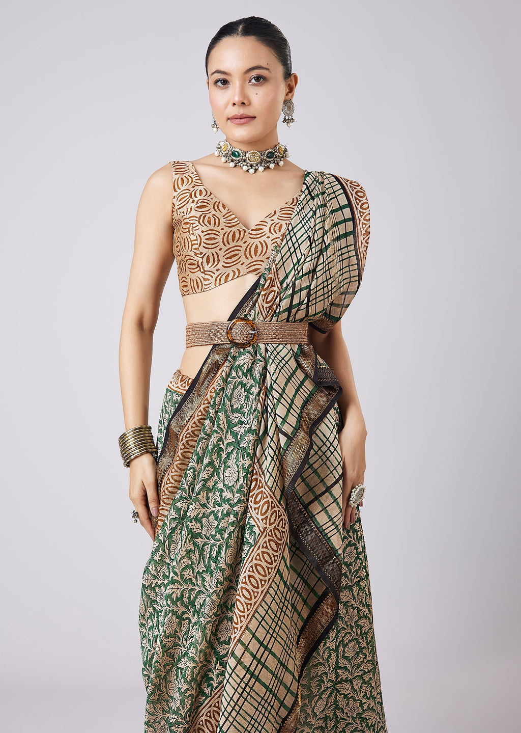 Blue Saree with Block Print Motifs and Unstitched Blouse