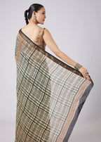 Blue Saree with Block Print Motifs and Unstitched Blouse