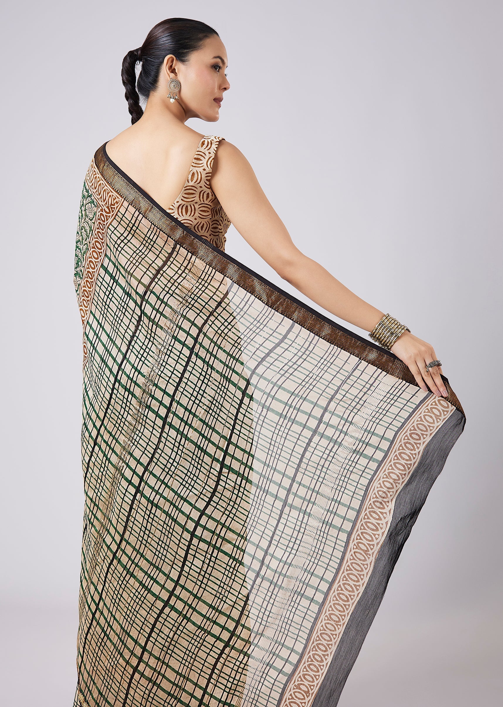 Blue Saree with Block Print Motifs and Unstitched Blouse