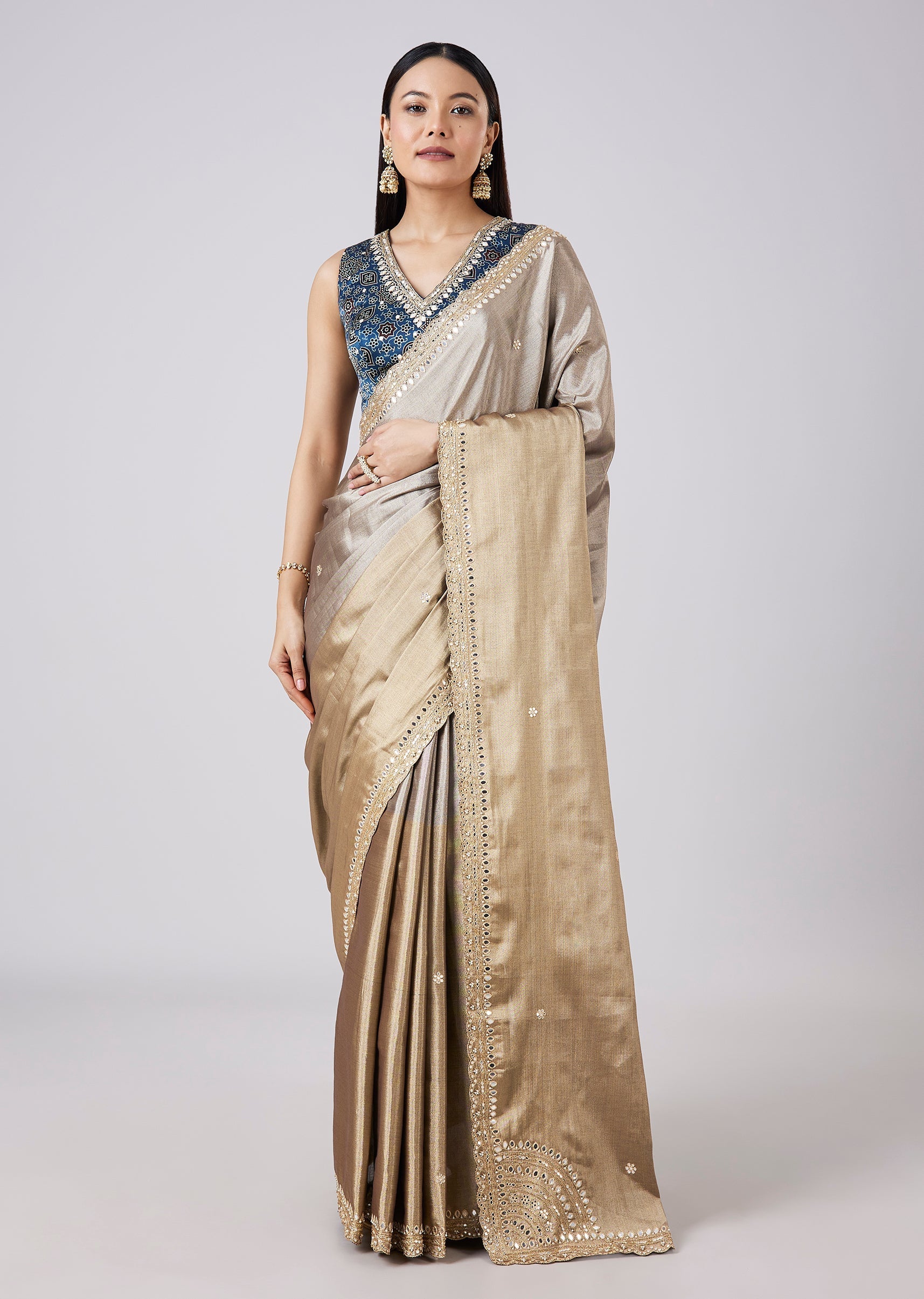 Blue Solid Saree with Border and Blouse