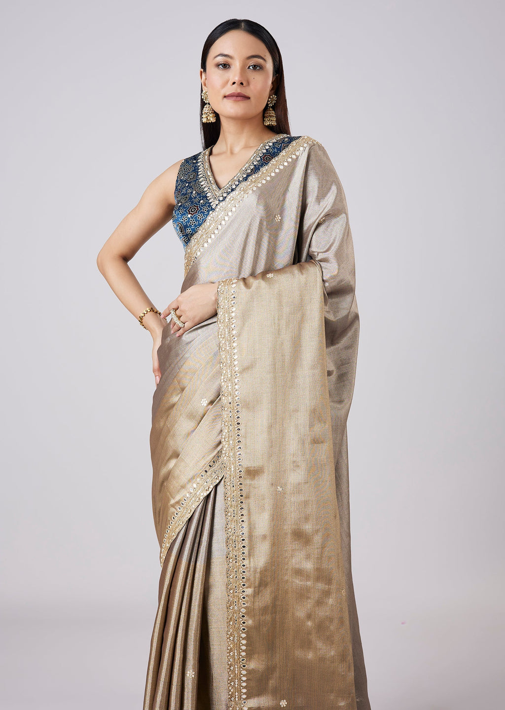 Blue Solid Saree with Border and Blouse