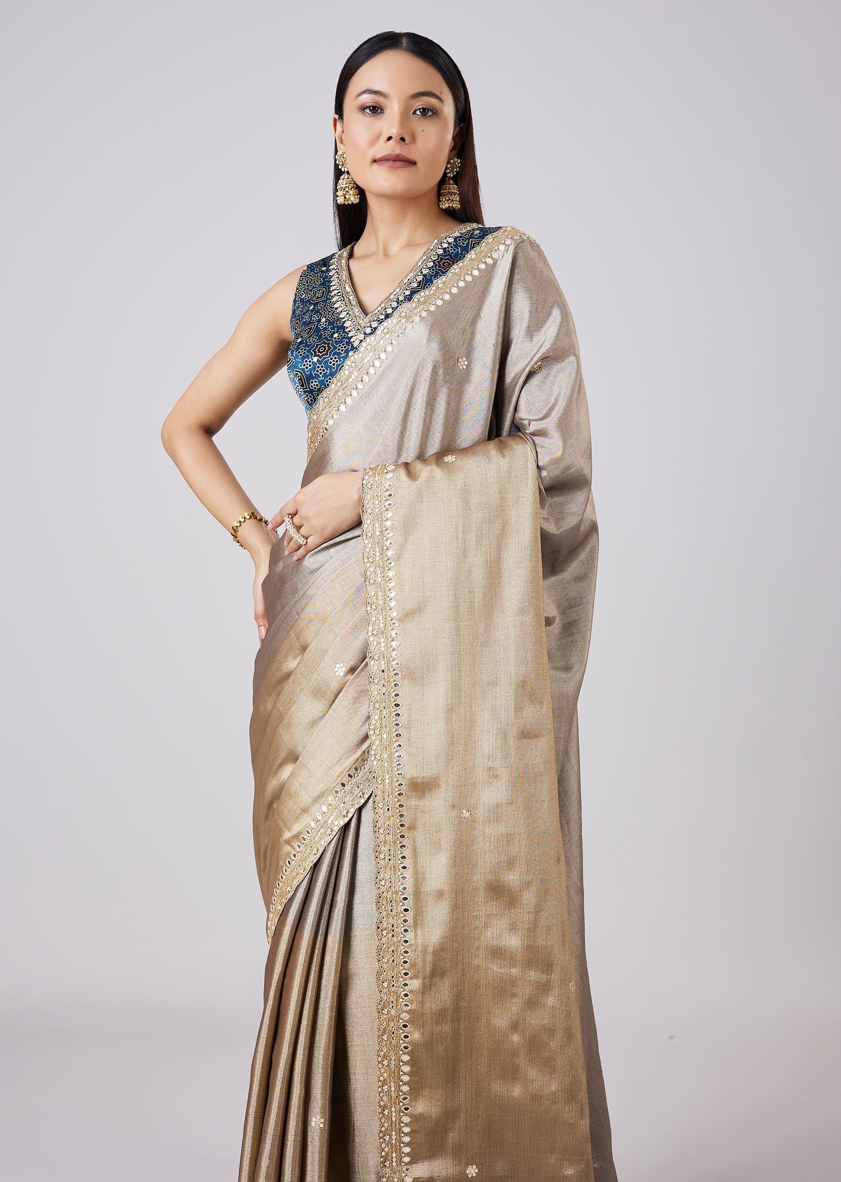 Blue Solid Saree with Border and Blouse