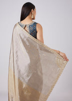 Blue Solid Saree with Border and Blouse