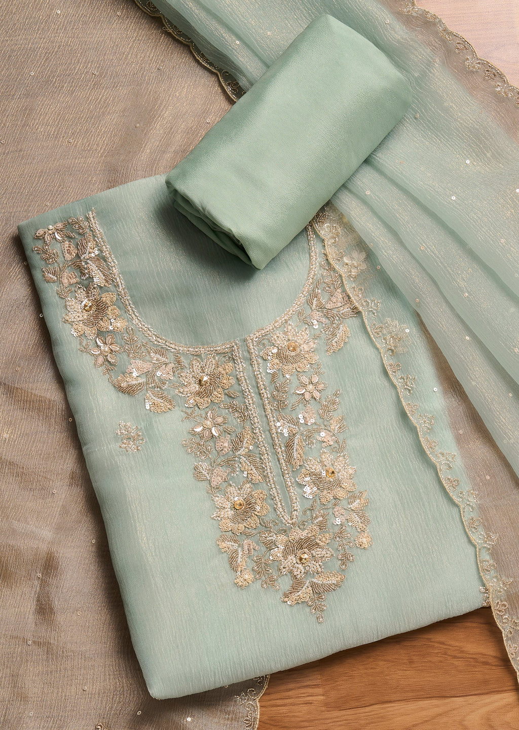 Blue Tissue Unstitched Suit With Dupatta