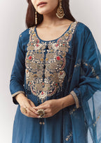 Blue Zardosi Kurta Pant Set With Dupatta