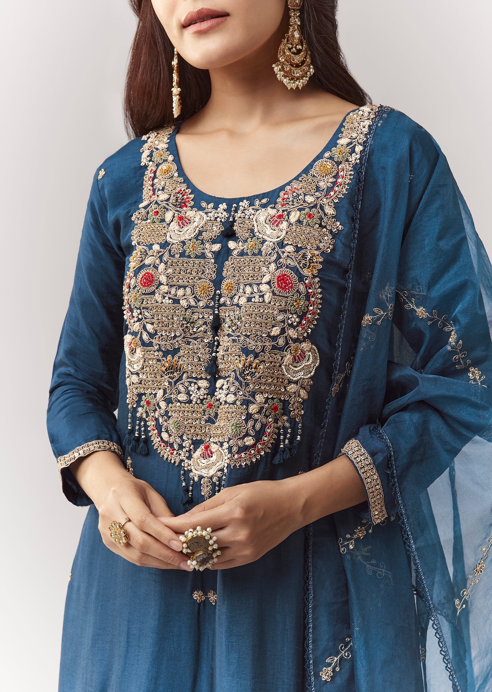 Blue Zardosi Kurta Pant Set With Dupatta