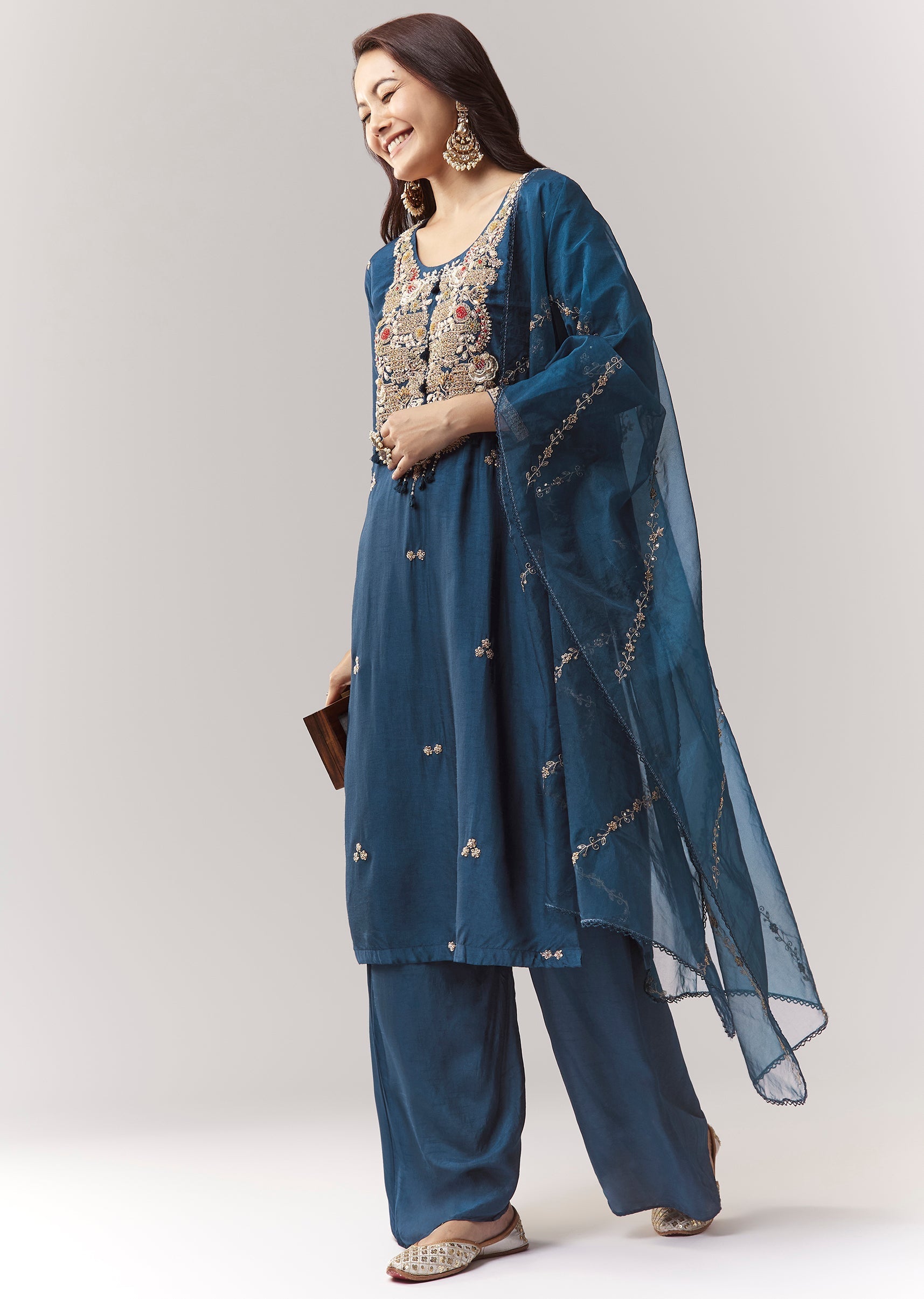 Blue Zardosi Kurta Pant Set With Dupatta