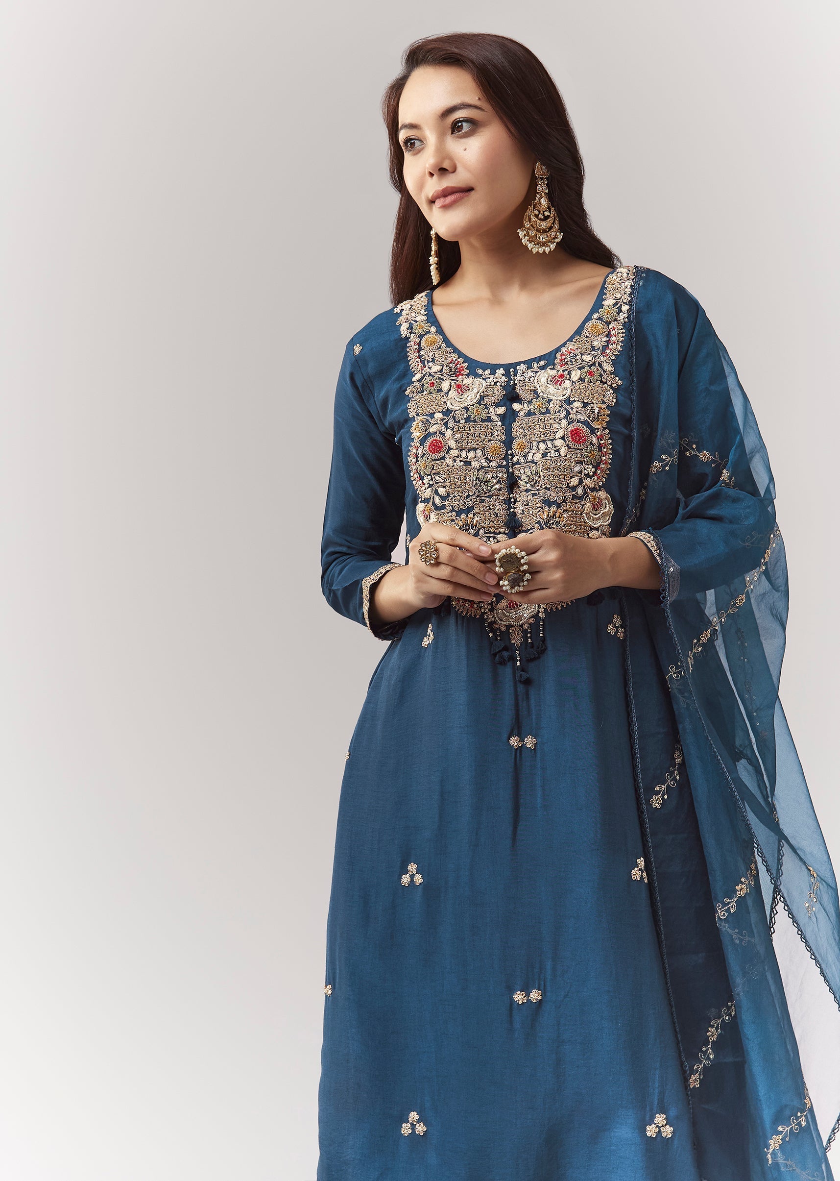 Blue Zardosi Kurta Pant Set With Dupatta