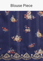 Blue Floral Print Tussar Silk Saree With Unstitched Blouse Piece