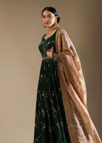 Bottle Green Anarkali Suit In Silk With Zari And Sequins Embroidered Floral Jaal And A Beige Organza Dupatta