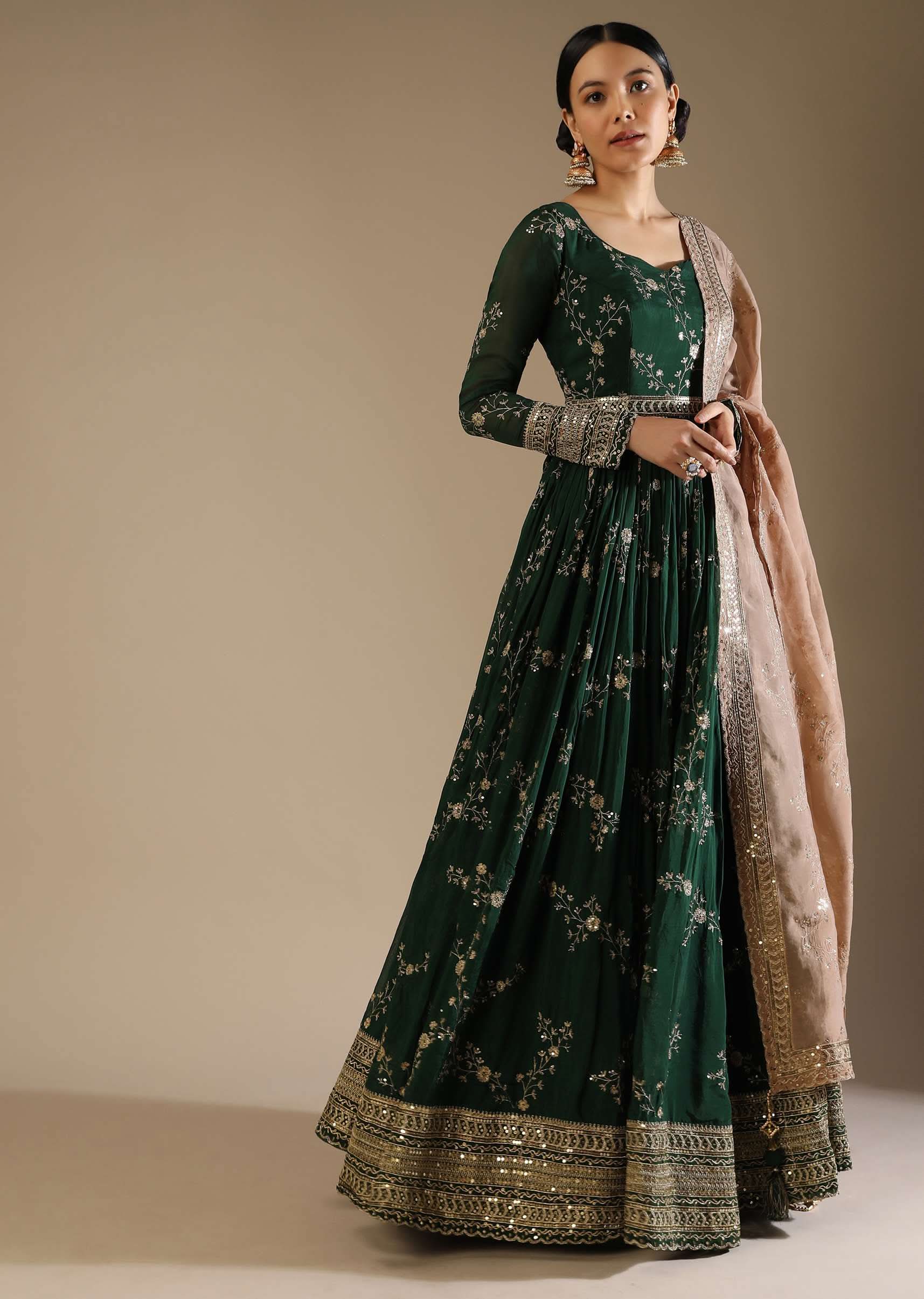 Bottle Green Anarkali Suit In Silk With Zari And Sequins Embroidered Floral Jaal And A Beige Organza Dupatta