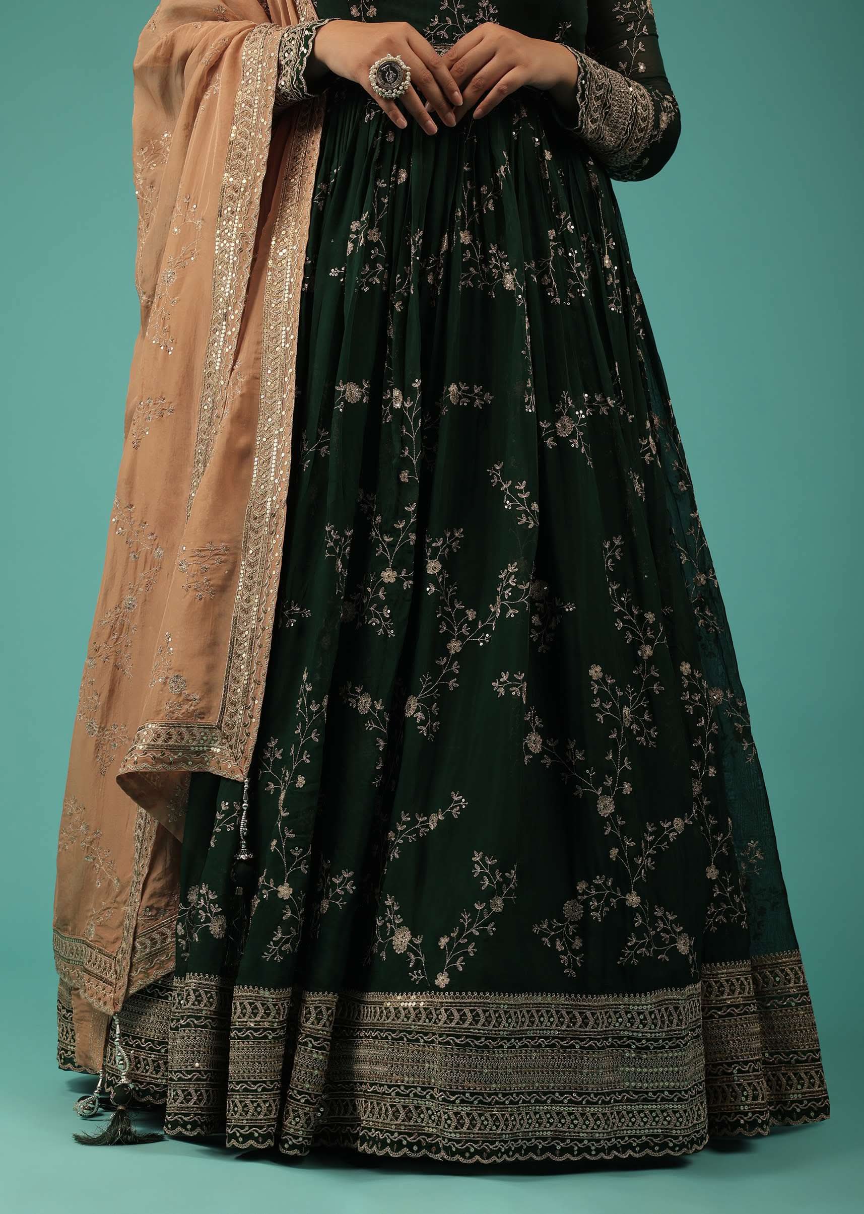Bottle Green Silk Anarkali Suit With Zari And Sequins Work Along With Embroidered Floral Jaal
