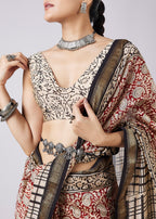 Brown Block Print Tassel Saree with Unstitched Blouse