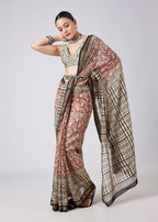 Brown Block Print Tassel Saree with Unstitched Blouse