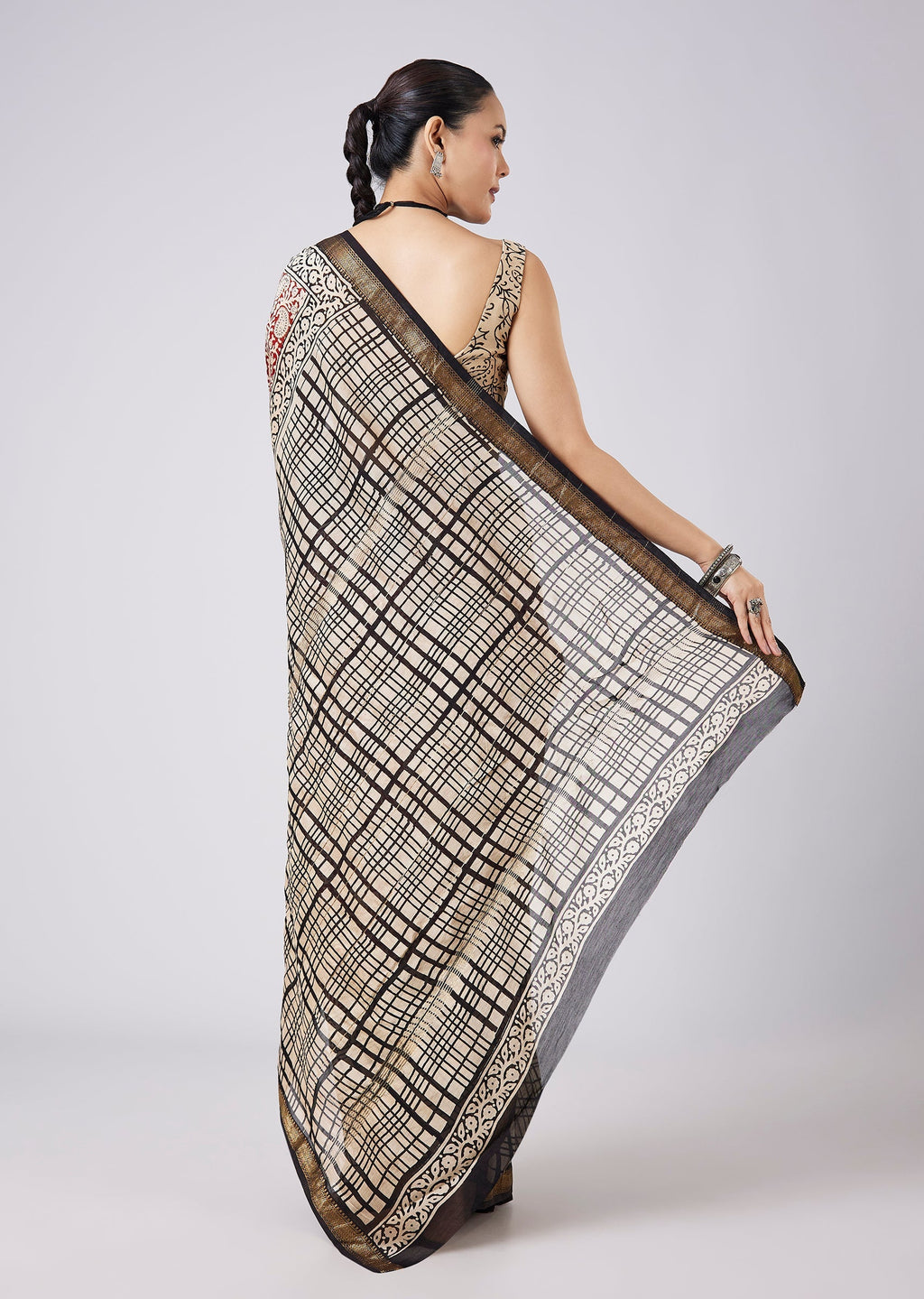 Brown Block Print Tassel Saree with Unstitched Blouse