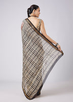 Brown Block Print Tassel Saree with Unstitched Blouse
