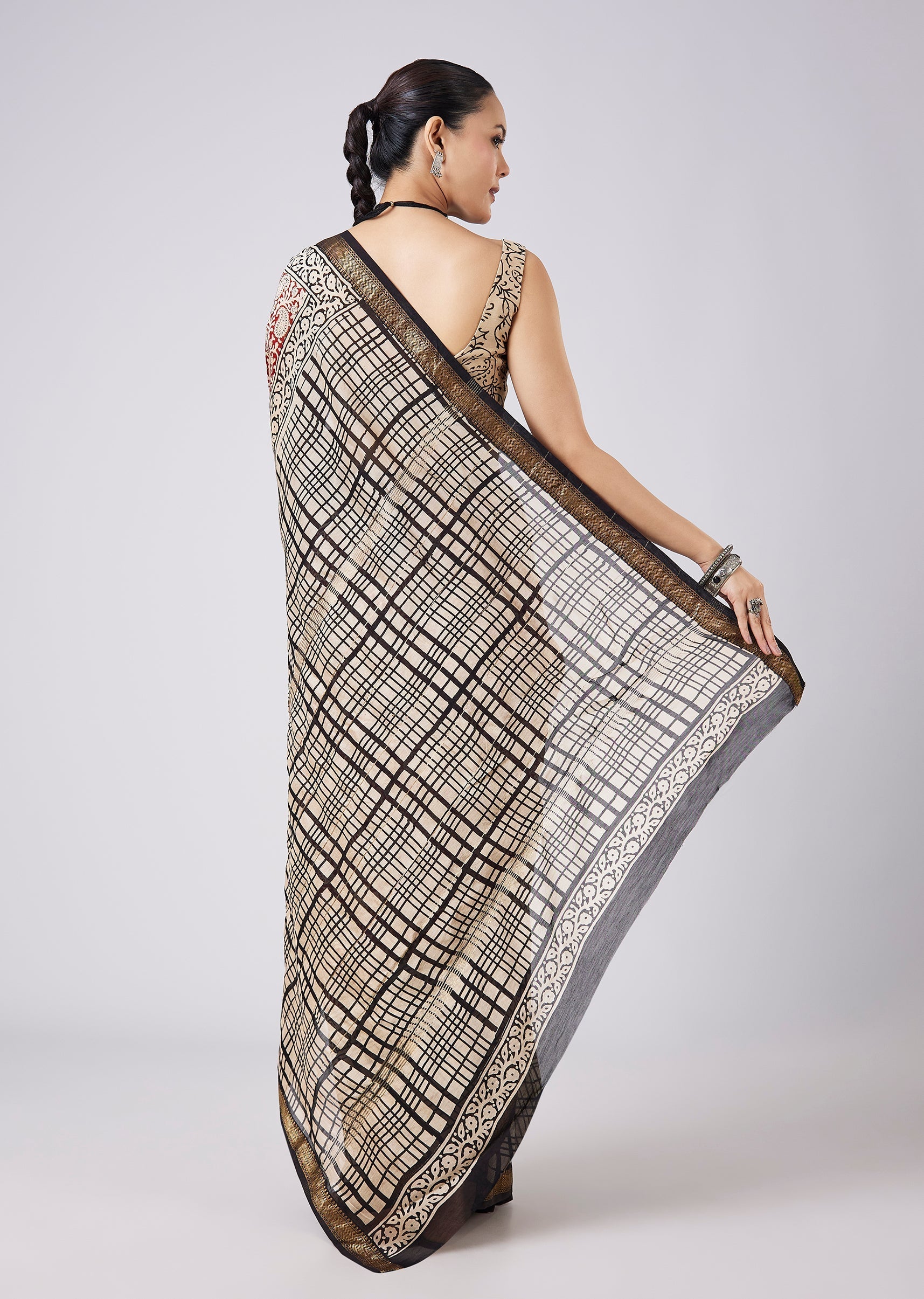 Brown Block Print Tassel Saree with Unstitched Blouse
