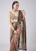Brown Block Print Tassel Saree with Unstitched Blouse