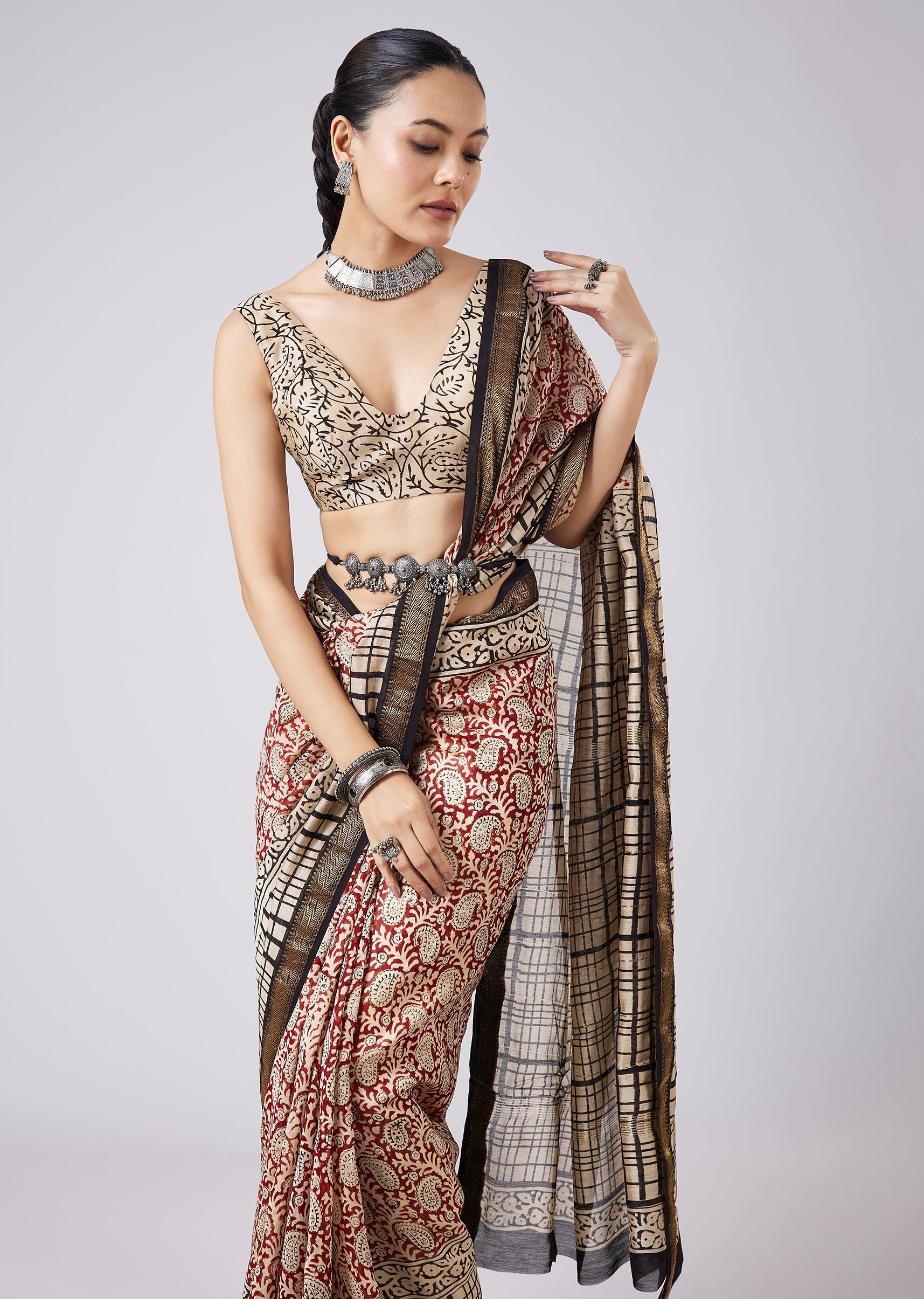 Brown Block Print Tassel Saree with Unstitched Blouse