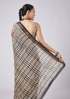 Brown Block Print Tassel Saree with Unstitched Blouse