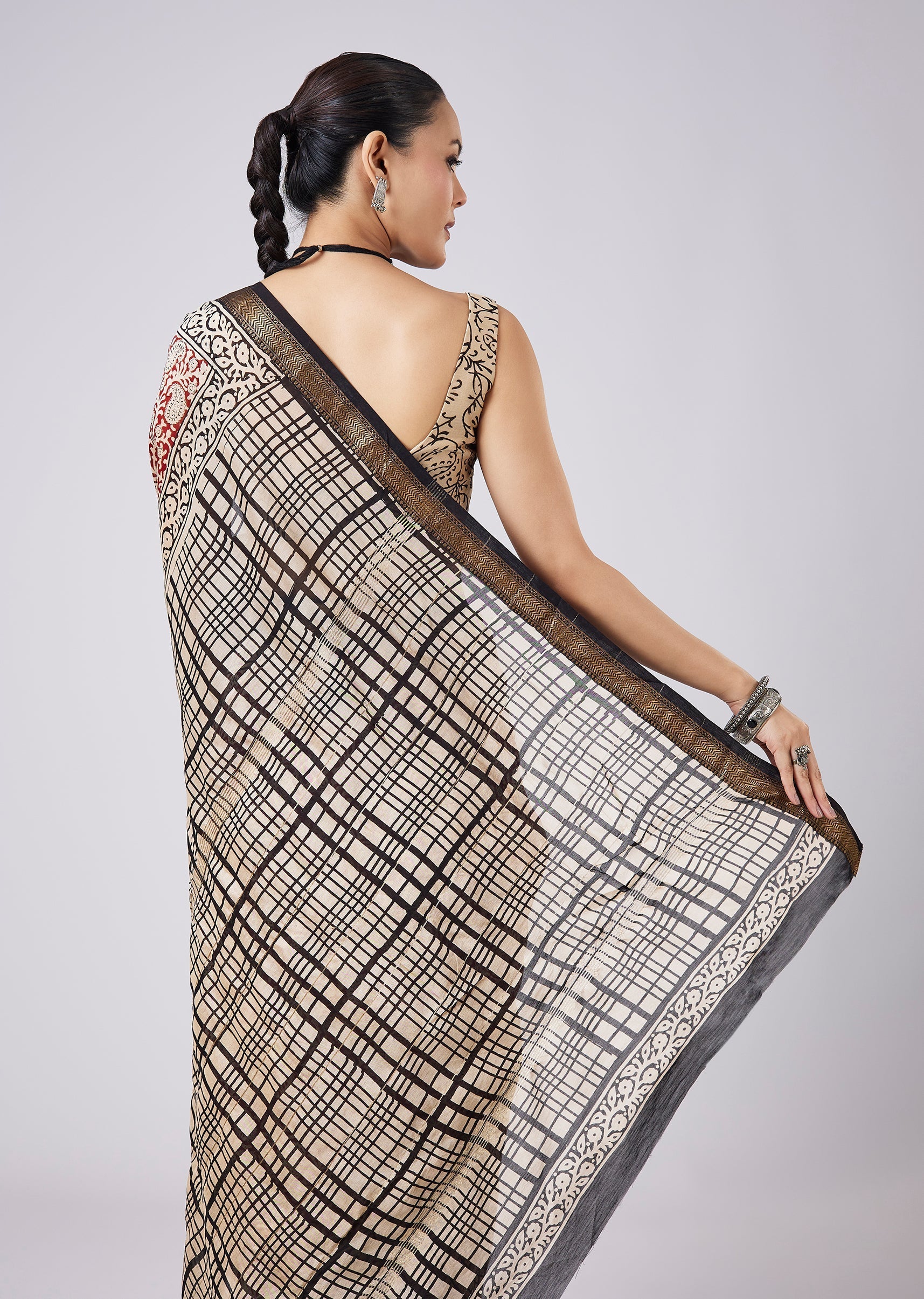Brown Block Print Tassel Saree with Unstitched Blouse