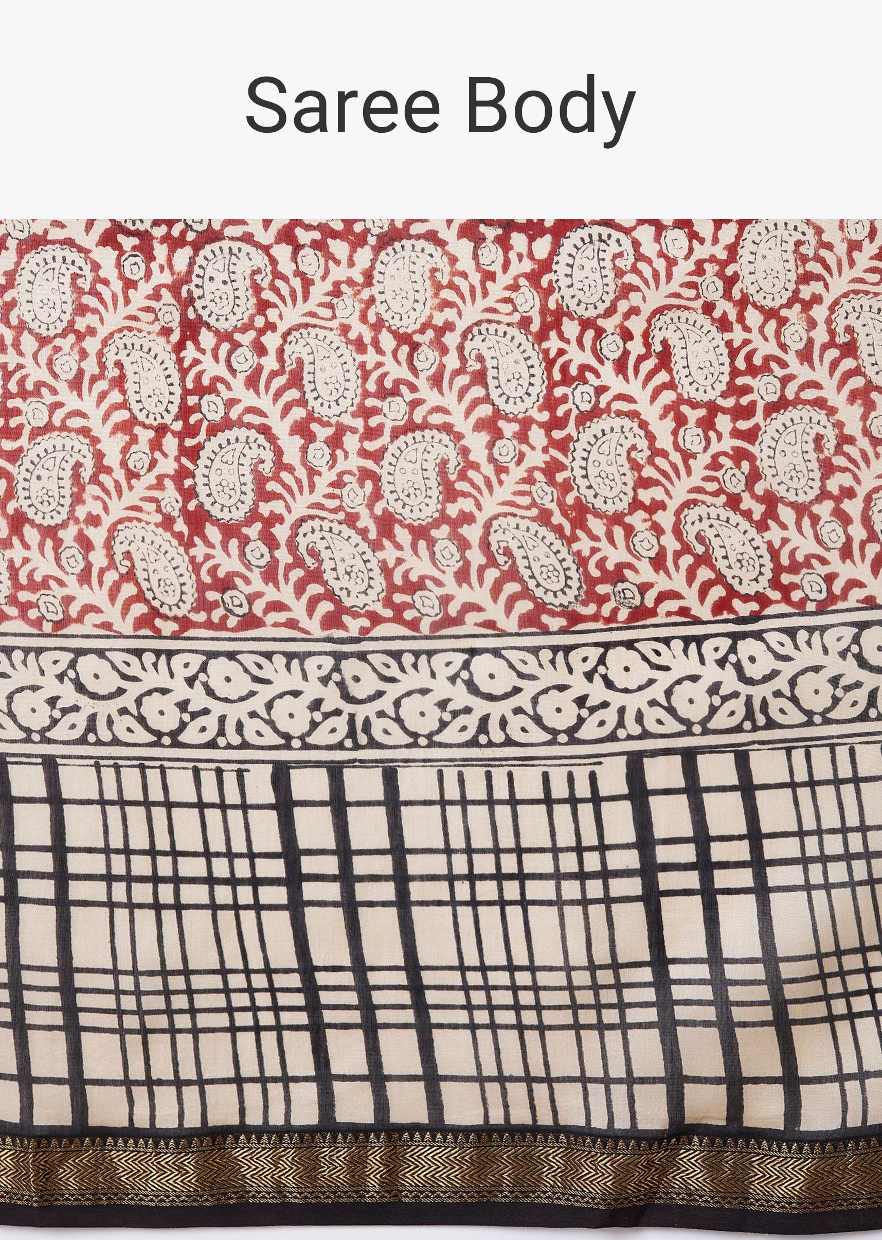 Brown Block Print Tassel Saree with Unstitched Blouse