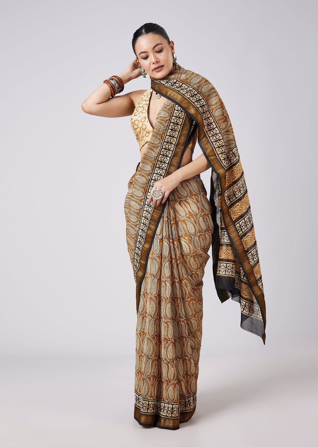 Brown Block Printed Motif Saree with Unstitched Blouse