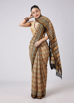 Brown Block Printed Motif Saree with Unstitched Blouse