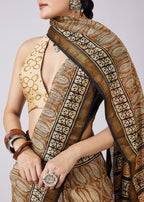 Brown Block Printed Motif Saree with Unstitched Blouse