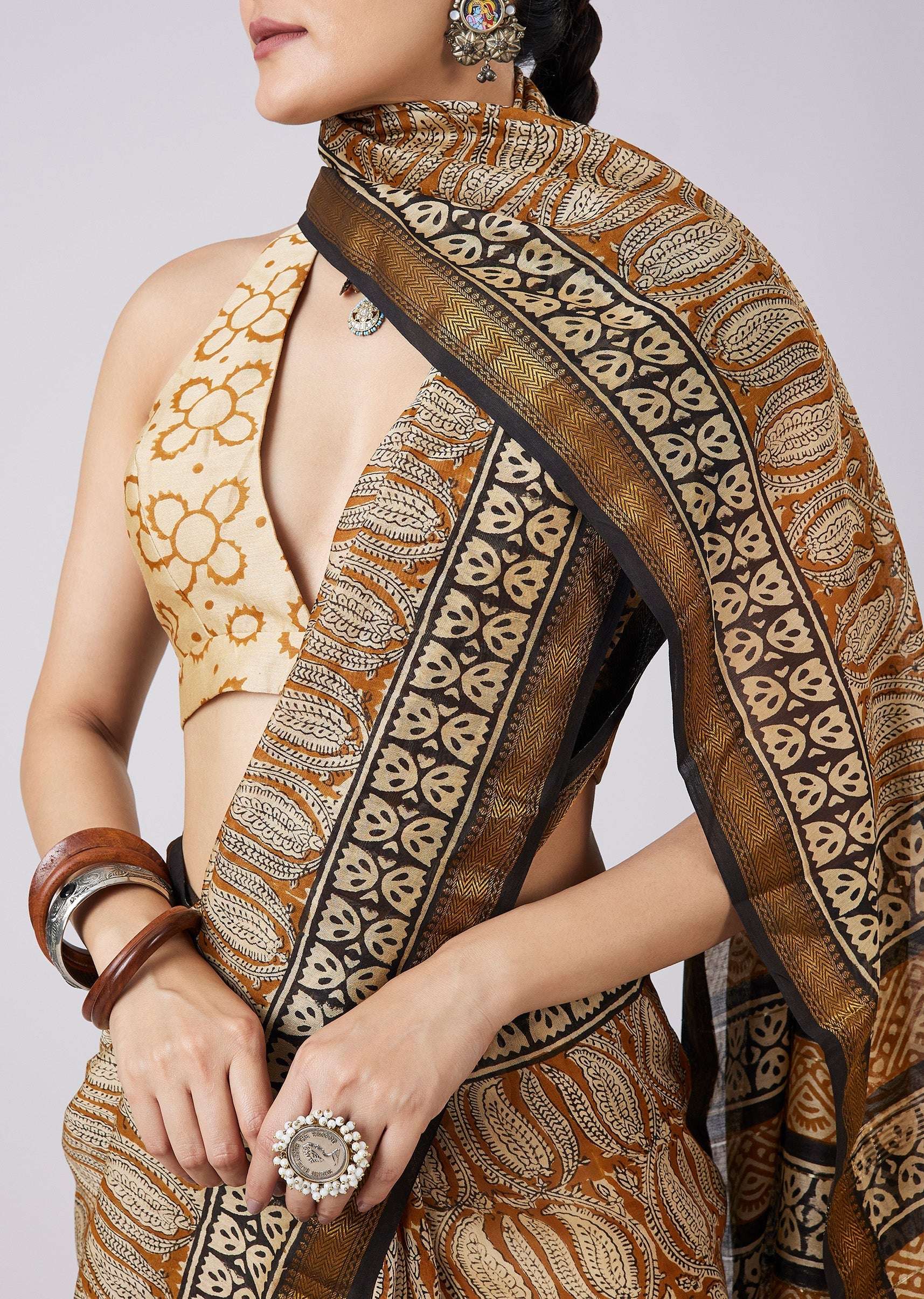 Brown Block Printed Motif Saree with Unstitched Blouse
