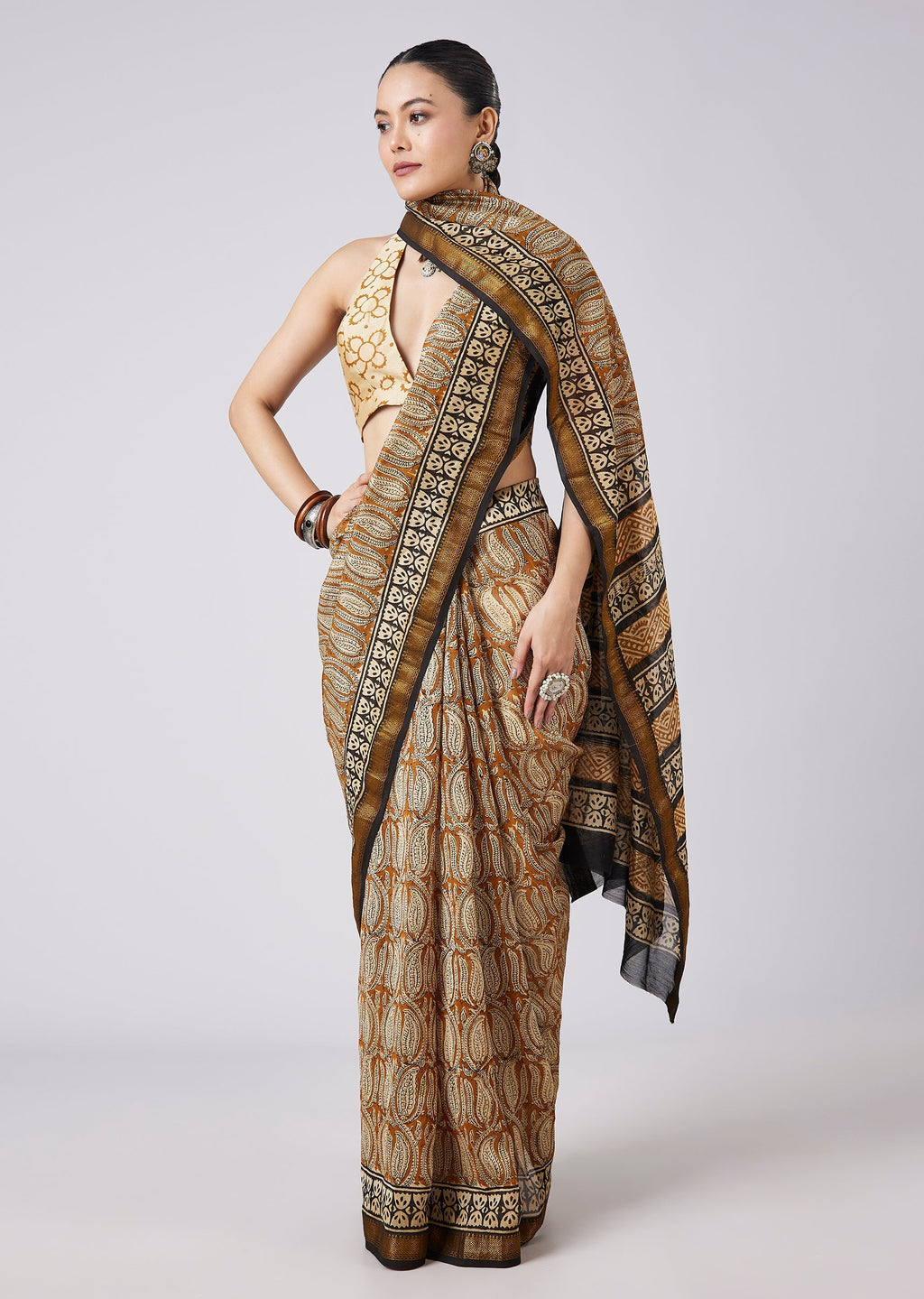 Brown Block Printed Motif Saree with Unstitched Blouse