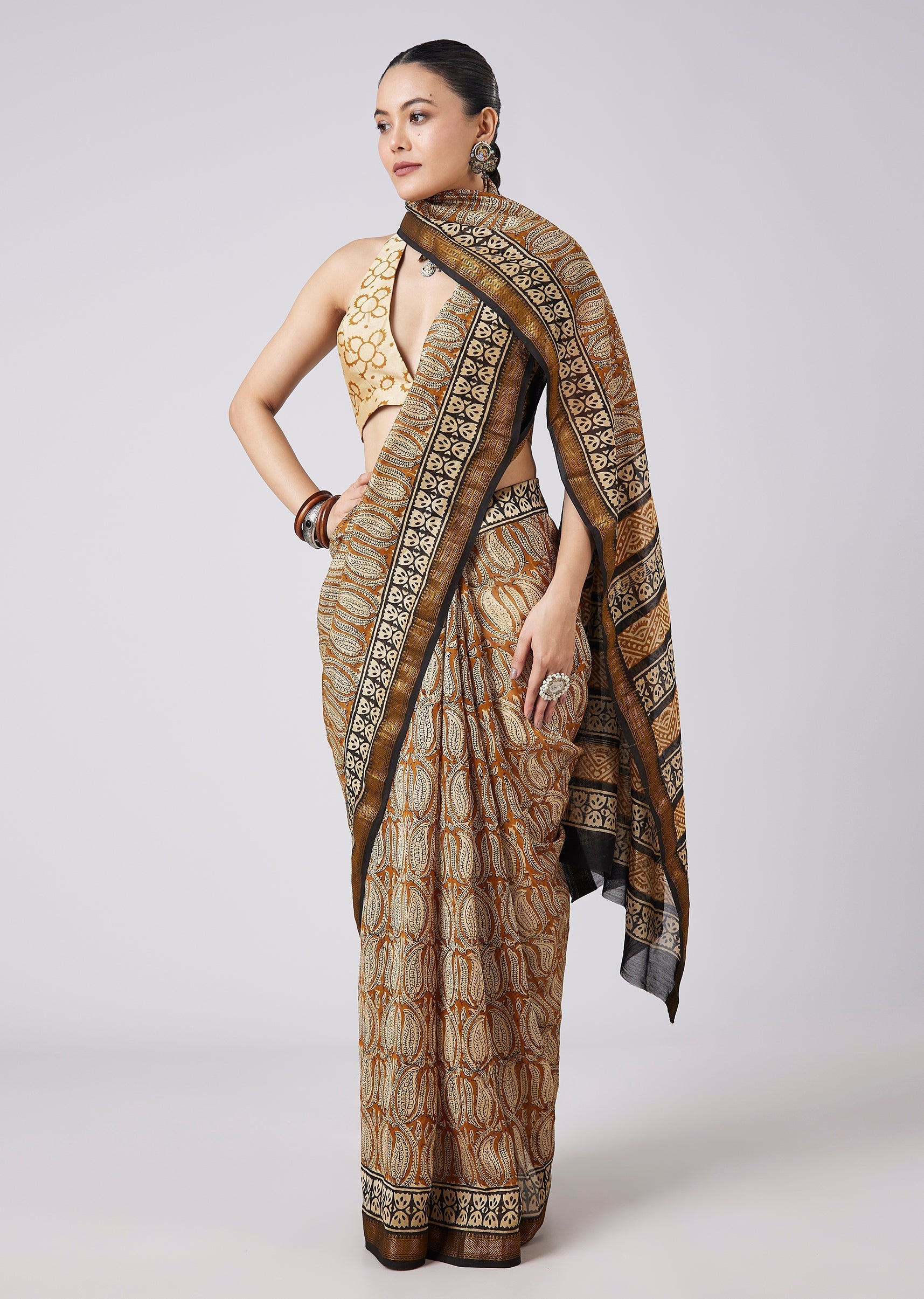 Brown Block Printed Motif Saree with Unstitched Blouse