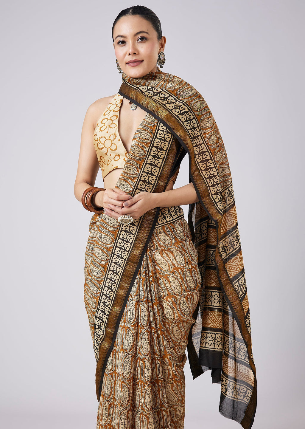 Brown Block Printed Motif Saree with Unstitched Blouse